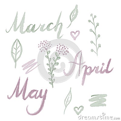 Spring watercolor Set lettering illustration icons leaves flowers March April May Vector Illustration